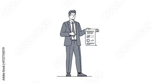 Businessman Presenting Business Plan on Scroll.