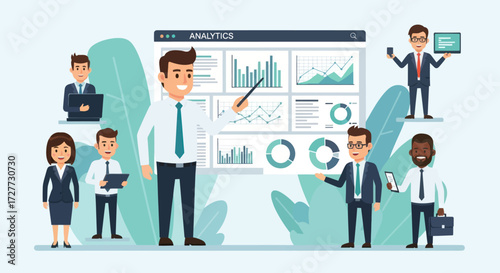 Business Team Analyzing Data on a Large Screen Displaying Charts and Graphs.