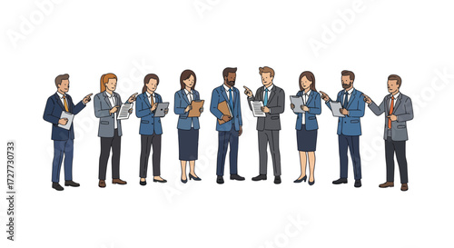 Diverse Group of Business Professionals Standing with Documents and Tablets.