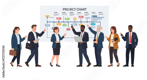 Diverse business team presenting a detailed project timeline chart on a whiteboard.
