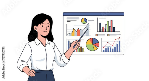 Professional woman presenting business data analysis on a digital screen.