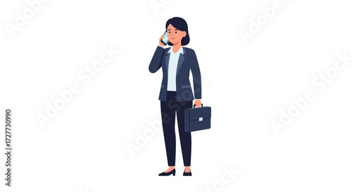 Cartoon Businesswoman on Phone with Briefcase.