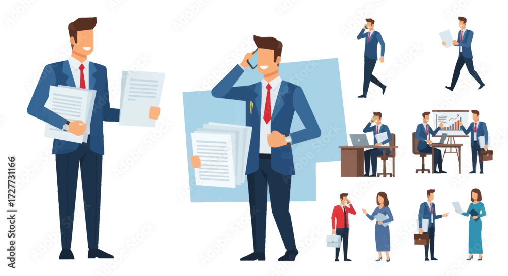 Fototapeta premium Businessmen in Suits: Diverse Poses and Actions Holding Documents and Using Phones.