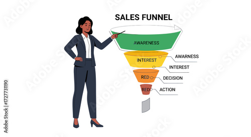 Businesswoman presenting a colorful sales funnel diagram with awareness interest decision and action stages.