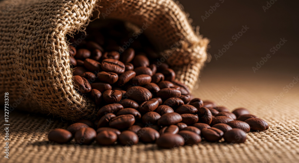 Fototapeta premium Spilled Roasted Coffee Beans on Burlap Surface