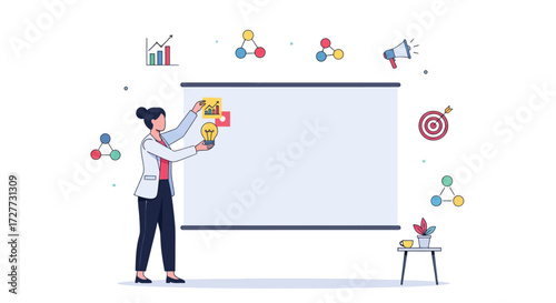 Woman presenting with a blank presentation board surrounded by business icons.