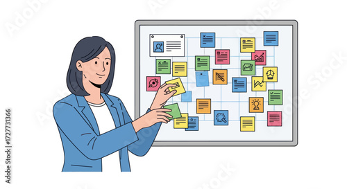 Businesswoman organizing colorful sticky notes on whiteboard.