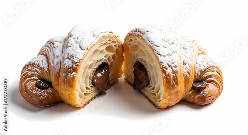 Chocolate croissant with powdered sugar in a bright studio lighting with a clean white background for breakfast advertising.