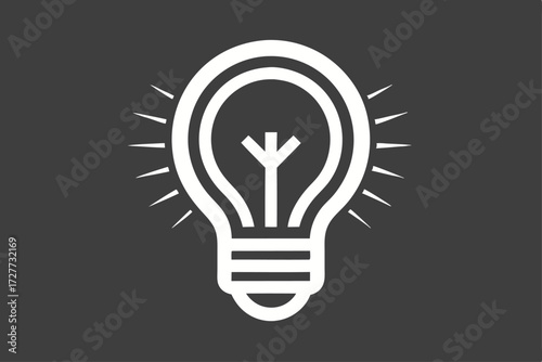 Simplified white lightbulb radiates around a solid dark gray background, showcasing a minimalist style