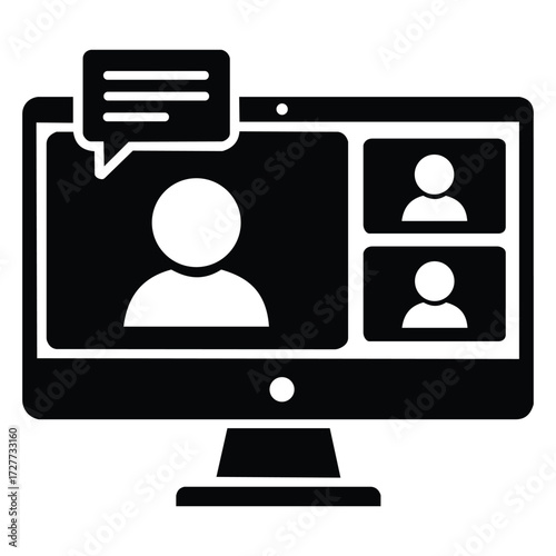 Creative design vector art of computer screen showing a video conference with chat bubble and user icons