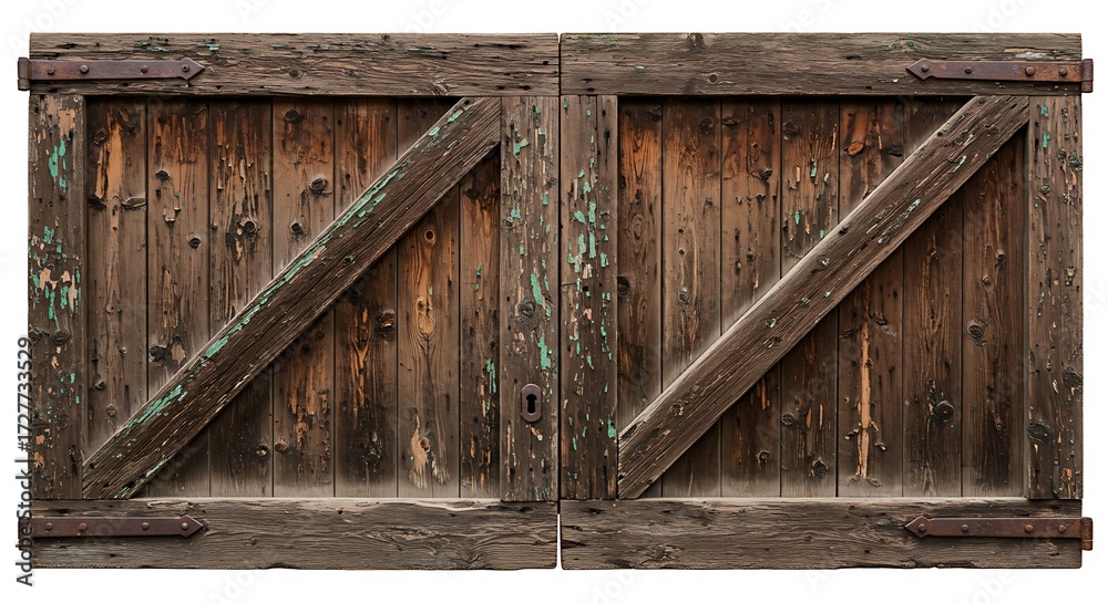 Fototapeta premium Old wooden door from a barn isolated on white background