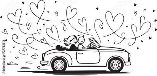 Love on the Road: An enchanting illustration captures a couple in a vintage convertible car, their journey filled with a trail of heart-shaped romance.