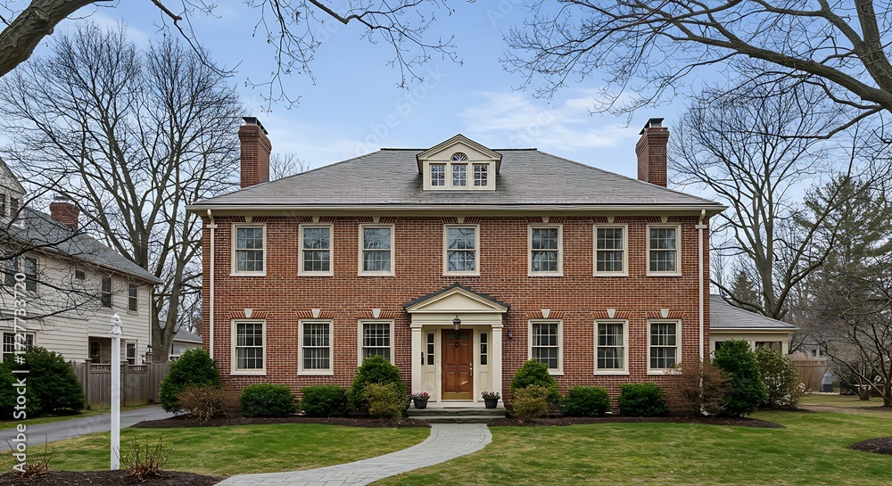 Obraz premium Classic Colonial Revival Two-Story Brick Family House with Symmetrical Design in Newton, Massachusetts, USA