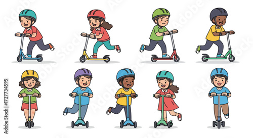 Happy cartoon children holding colorful star round heart and bear-shaped balloons.