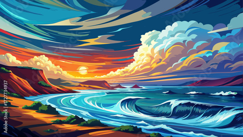 This vibrant impressionist seascape with dynamic waves and cloudy sky captures energy of sea, artistic atmosphere, painterly motion, rich tones, and immersive impressionist beauty with dramatic ocean 