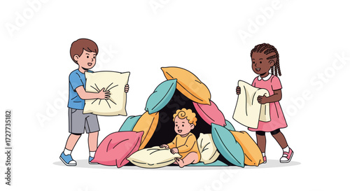 A diverse group of cartoon children happily playing and building with colorful toy blocks.