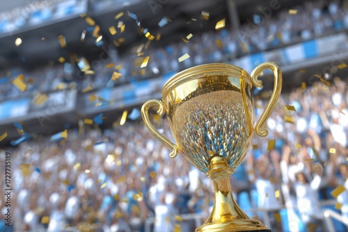 Golden trophy with two hand...
