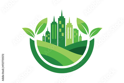 Green city skyline and leaves are featured within a rounded logo formation today