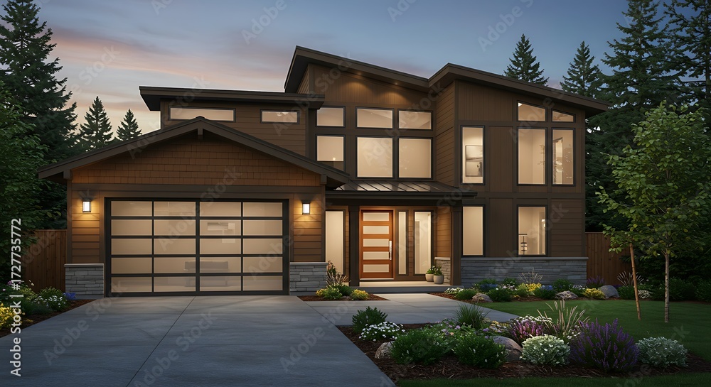 Obraz premium New construction home exterior with contemporary house plan features low slope roof, brown siding and glass garage door. Northwest, USA