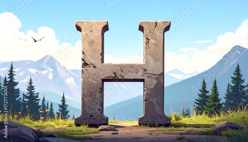 Stone H stands in lush meadow with mountains and trees under a sunny sky