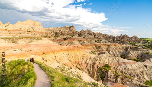 Rocky badlands landscape with hiking trail under a partly cloudy sky