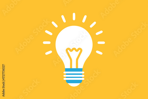 Glowing lightbulb shines brightly with beams of light on a cheerful, yellow background