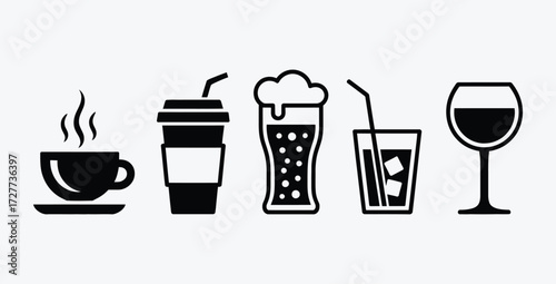 Black and white vector icon set of different kinds of drinks