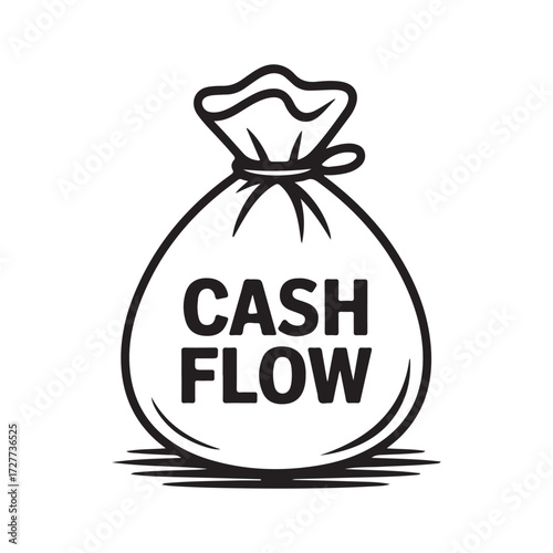 Black and white illustration of a cash flow bag isolated on white background
