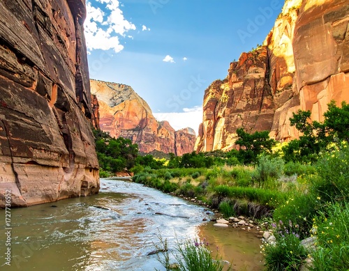 Canyon river scene, vibrant colors