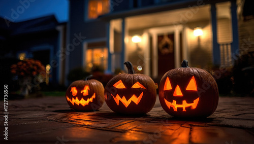 Three lit jack-o'-lanterns sit on a brick path in front of a house at night.