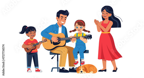 Cartoon Family Illustrations: Happy Parents and Children Engaging in Daily Activities.