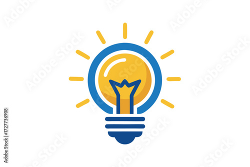 Shining lightbulb shines brightly with golden rays and a blue base on a white backdrop