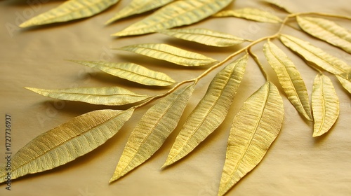 Elegant Gold Leaf Branch on Beige Background Luxury Botanical Still Life