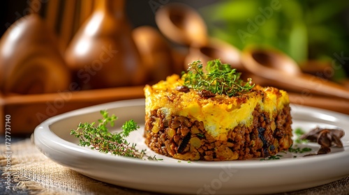 South African Bobotie displayed isolated on a clean table, white oval plate with golden egg topping, colorful minced meat and spices
