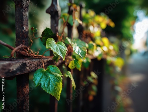 Vibrant green ivy leaves climb over an aged, rusty metal fence, softly blurred background with lush foliage. Sunlight gently highlights the texture of the leaves and metal surface