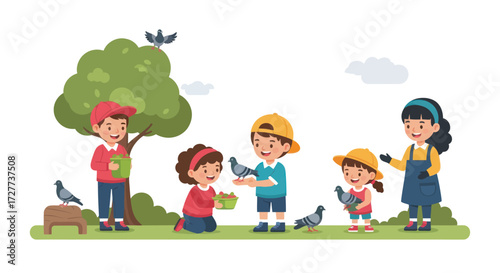 Children Feeding Pigeons in a Park Cheerful and Playful.