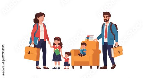 Family with Two Parents and Two Children Ready for School Holding Hands and Bags.