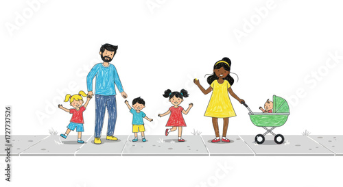 Cartoon illustration of a happy diverse multicultural family with children and a baby stroller.
