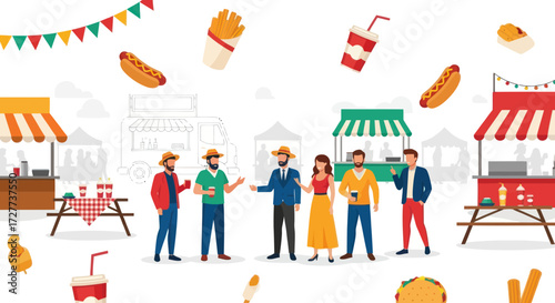 Diverse People Enjoying a Vibrant Outdoor Street Food Festival.