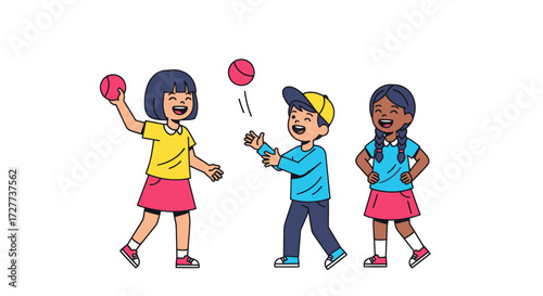 Children Playing with Balls: Cartoon Illustration of Joyful Kids.