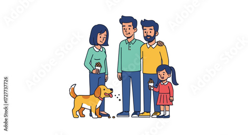 A diverse modern family with two men a woman a little girl and their pet dog in a cartoon illustration.