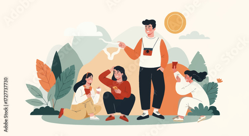 Diverse group of people engaged in outdoor activity with a photographer.