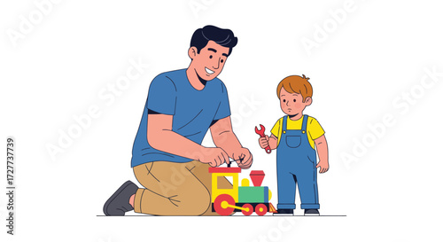 Father and Son Playing Together with a Toy Train.