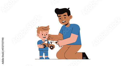 Happy father and son playing with toy car illustration.