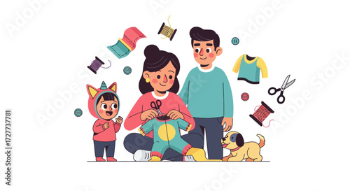 Happy Family Sewing and Crafting Clothes with Dog.