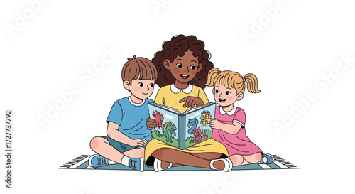Diverse Children Sharing a Book Engaging in Reading.