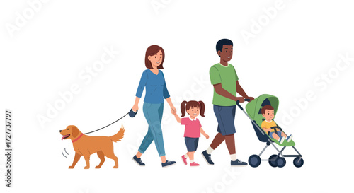 Diverse family with dog and stroller enjoying a walk together.
