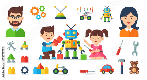 Children Building and Playing with a Colorful Robot Illustrating STEM Learning.
