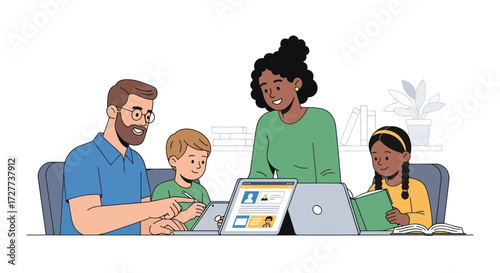 A diverse multiracial family with two children gathered around a laptop learning together.