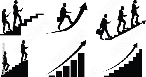 Business people climbing stairs, career growth, success achievement, financial progress, teamwork improvement, leadership development, upward growth chart